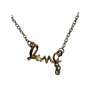 Gold Tone Love Script Necklace Pearl Rhinestone Accent NWOT